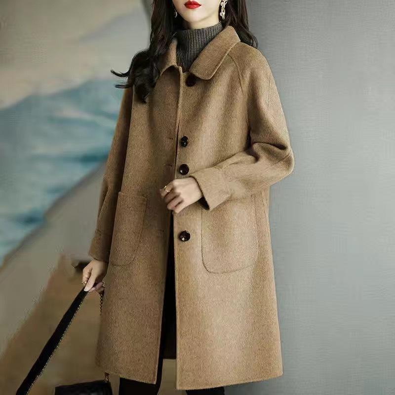 Dicker Wollmantel für Damen Koreanischer Stil Lockerer Schnitt Mittellang Elegant Mode Herbst Winter Neuankömmling Kleinere Größenfreundlich