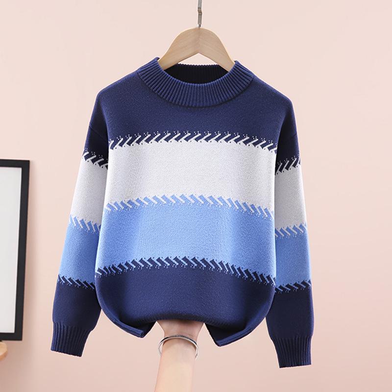 Boy's Round Neck Knit Sweater - Pure Cotton, Fleece-Lined for Autumn/Winter
