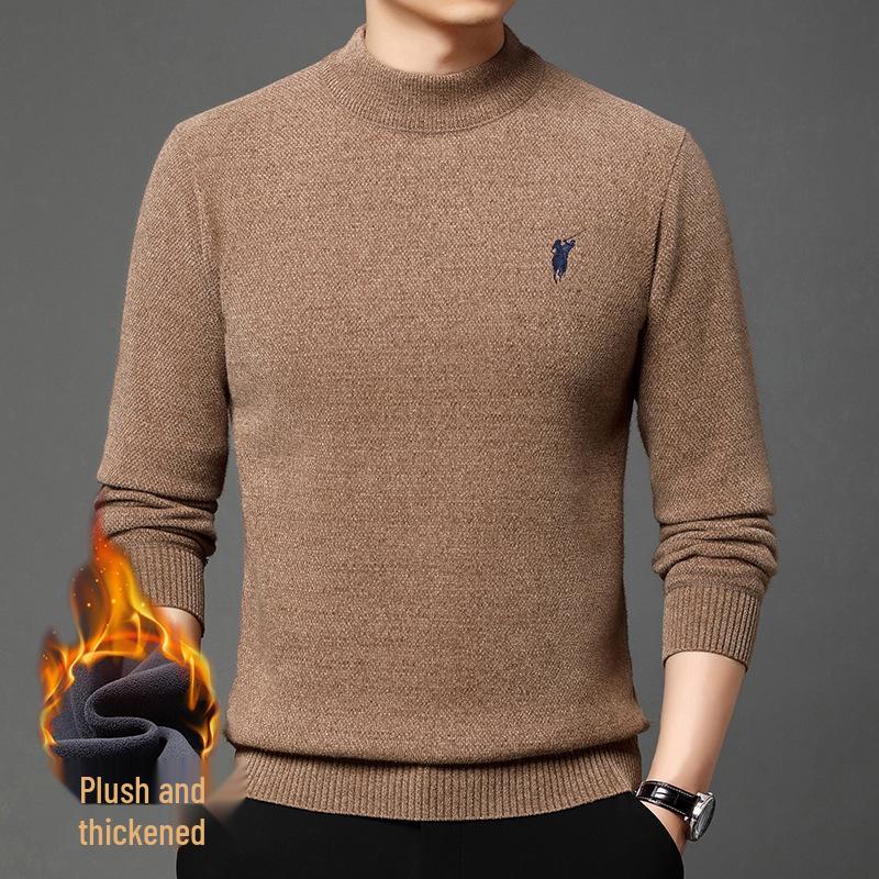 Men s Furry Velvet Thickened Half High Collar Sweater with Horse Logo - Warm Winter Bestseller Knit Base Layer 3XL