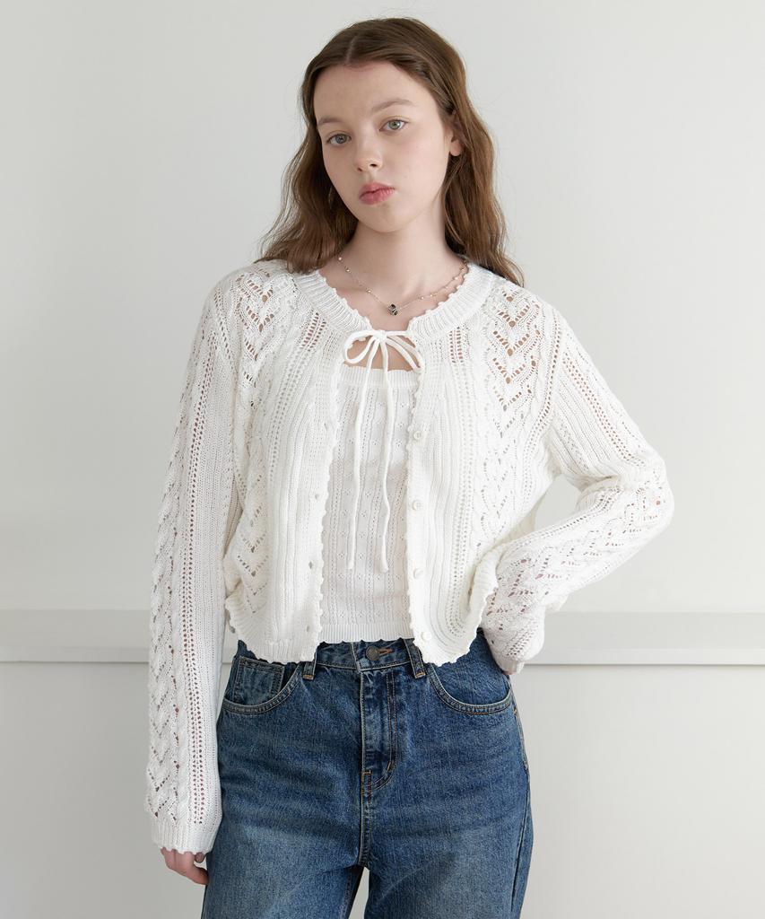 CLUNY [Set] Daisy Leaf Scallop Knit Cardigan - Butter