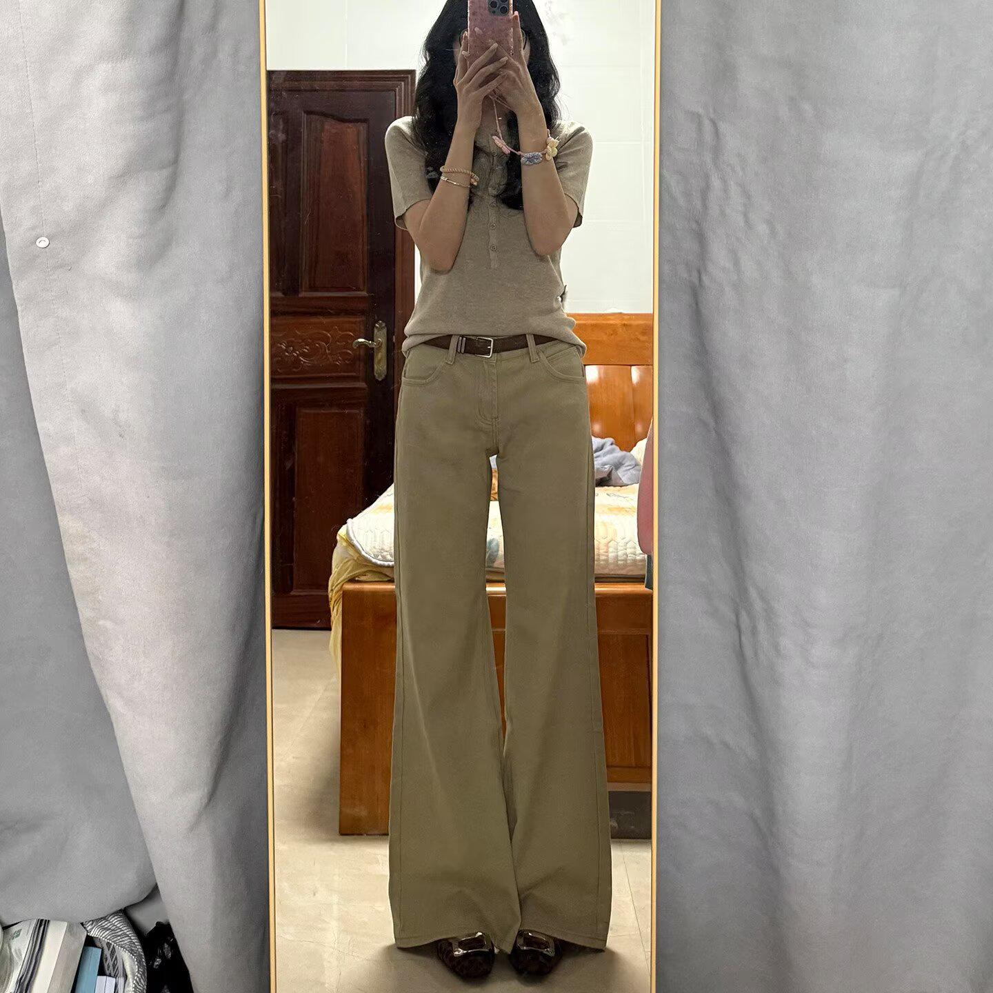Khaki Low-Waist Micro-Flare Women s Jeans - Spring/Summer Retro Straight Leg Floor-Length Pants L хаки