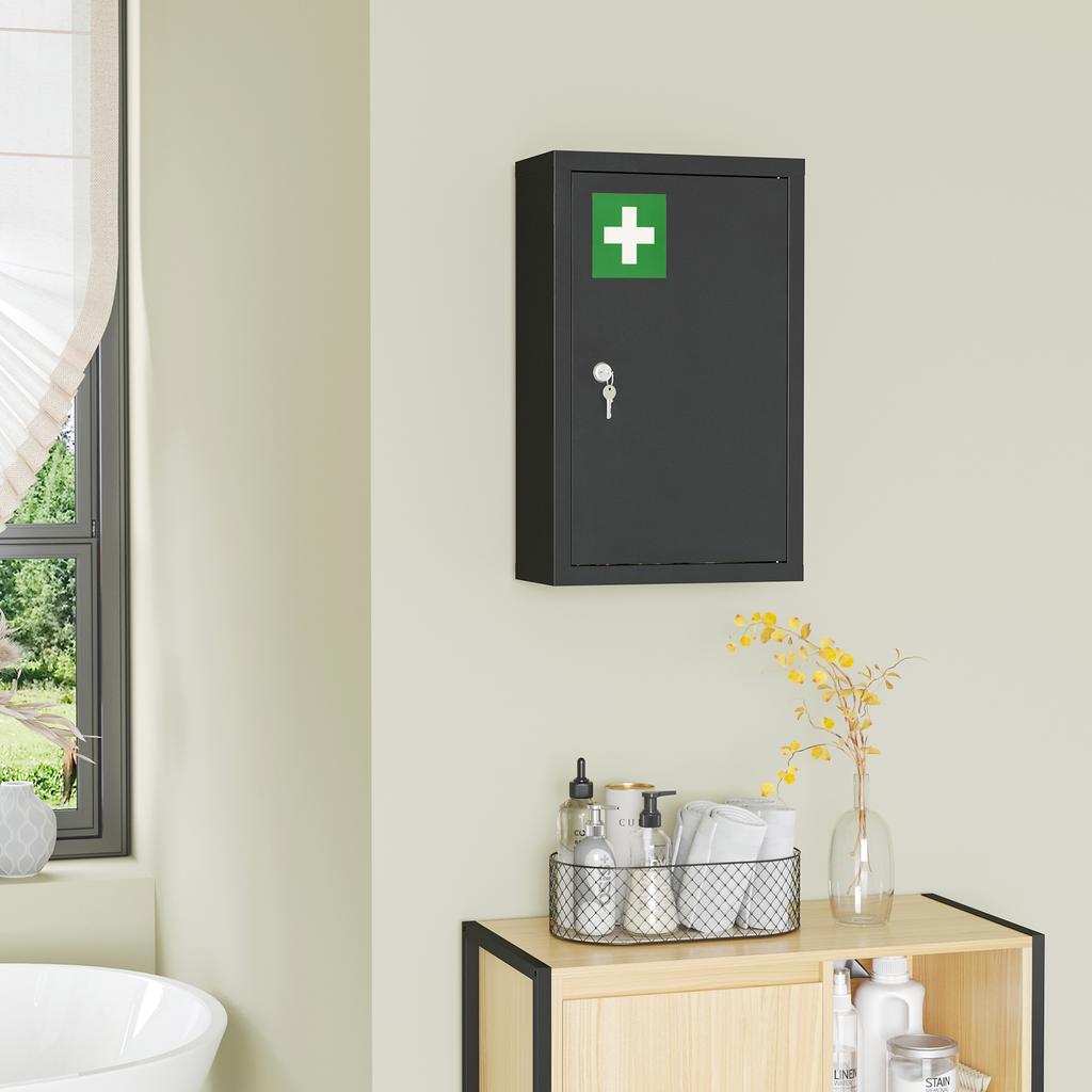 Medicine Cabinet with 3 Shelves and Lock with Keys in Steel, 30x14x46cm, Black