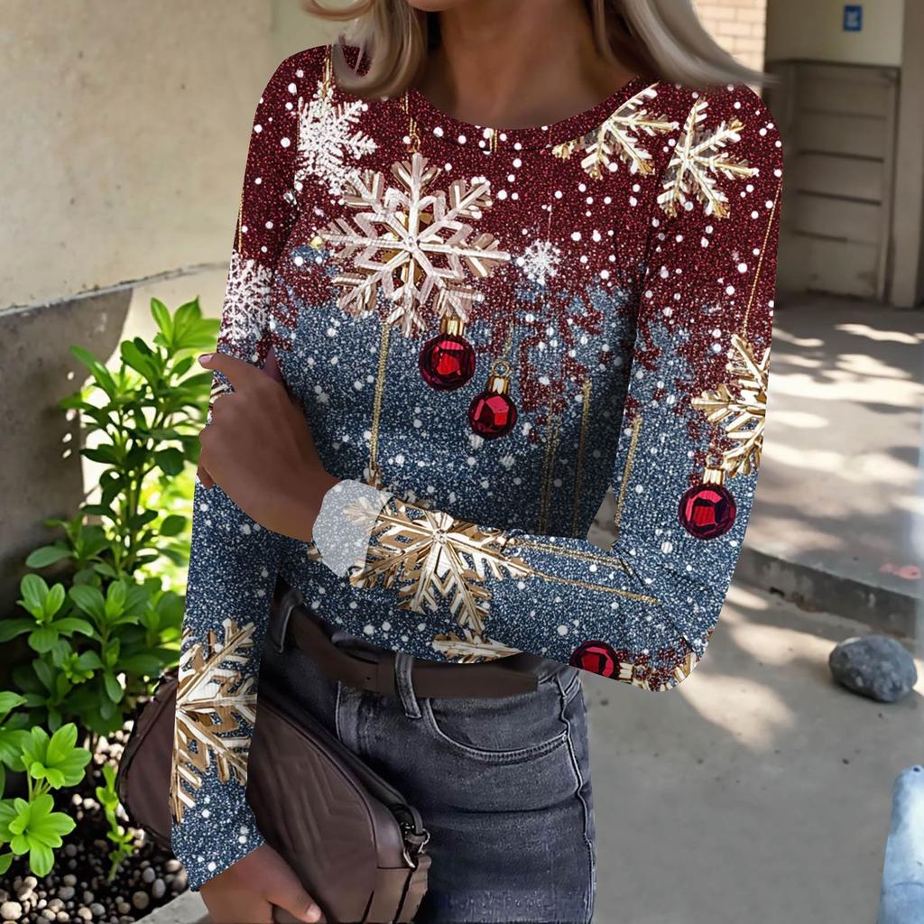 Damen Slim Bottom T-Shirt Mode Lässig Farbverlauf Druck Rundhals Pullover Langarm Top