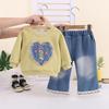 Girls' Korean Style Heart Hoodie & Jeans Two-Piece Set for Spring/Autumn