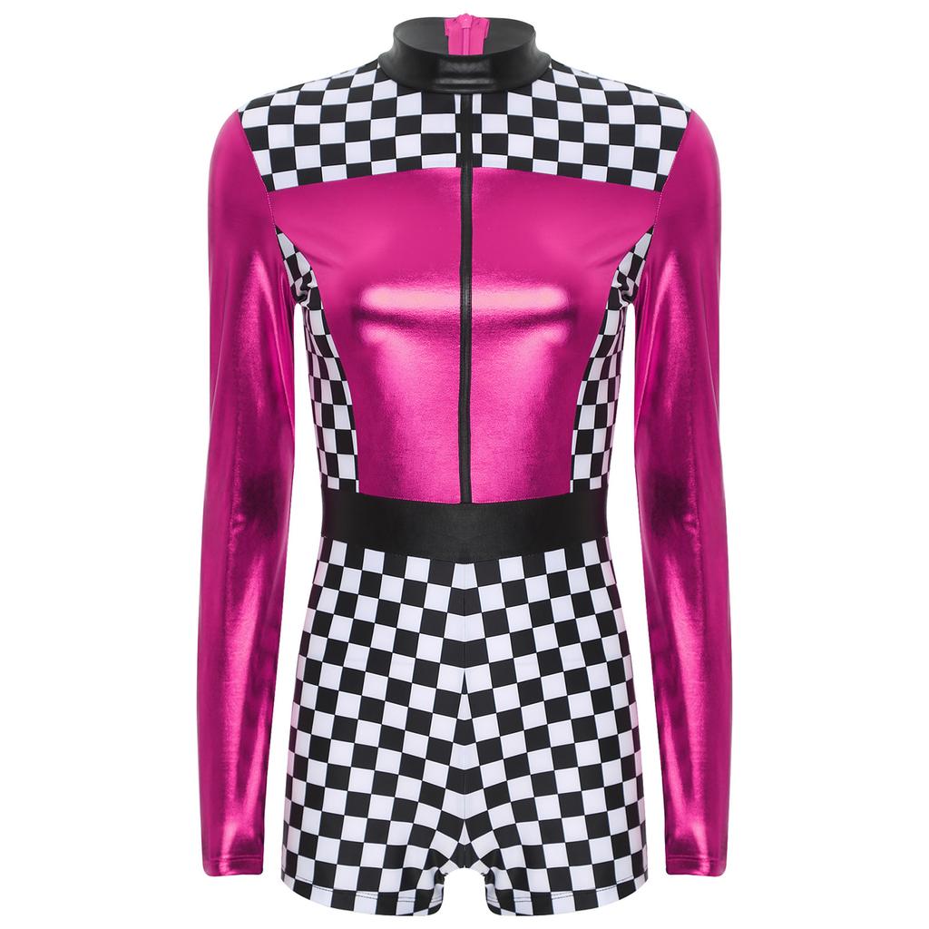 Womens Contrast Racer Romper Long Sleeve Bodysuit Boyshorts Checkerboard Print Driver Jumpsuit Halloween Party Costume