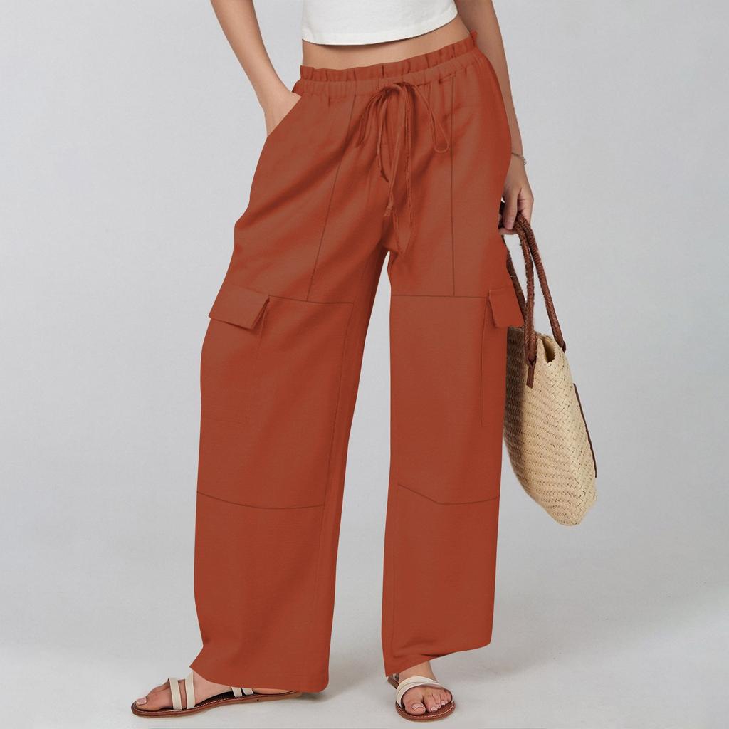 Women's Cotton And Linen Summer Stitching Casual Drawstring High Waist Pocket Workwear Trousers