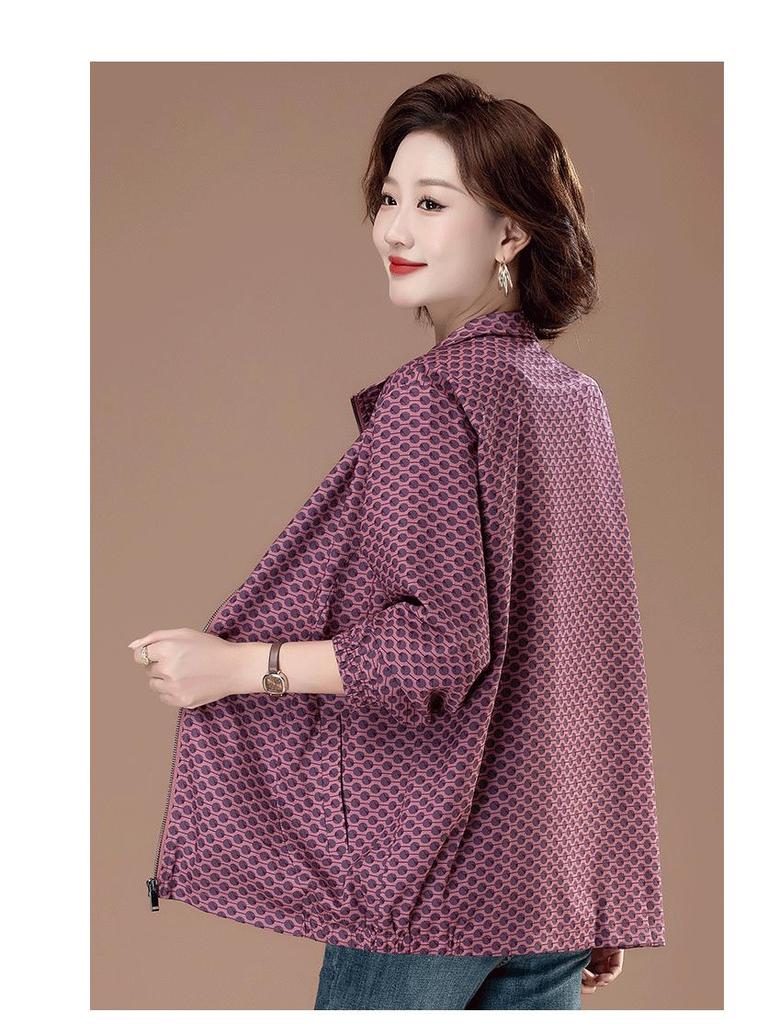 Polka Dot Stand Collar Plus Size Jacket for Women - Stylish Spring/Autumn Trench Coat for Middle-Aged Moms