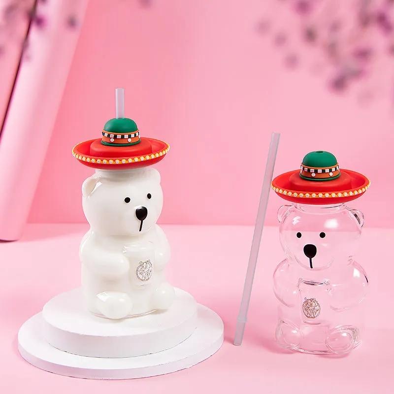 Kids Cute Bear Glass Cup For Starbucks Milk Coffee Mugs Transparent Glasses Juice Straw Water Bottle With Silicone Lid Drinkware