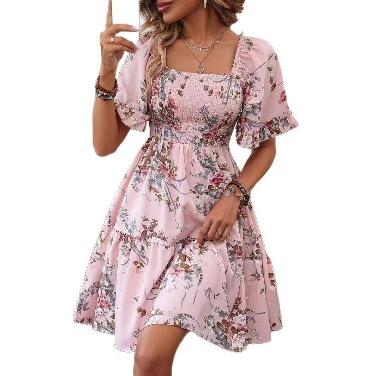 

Summer Casual Women Floral Printed Short Sleeve Square Collar Party One Piece Dress XL