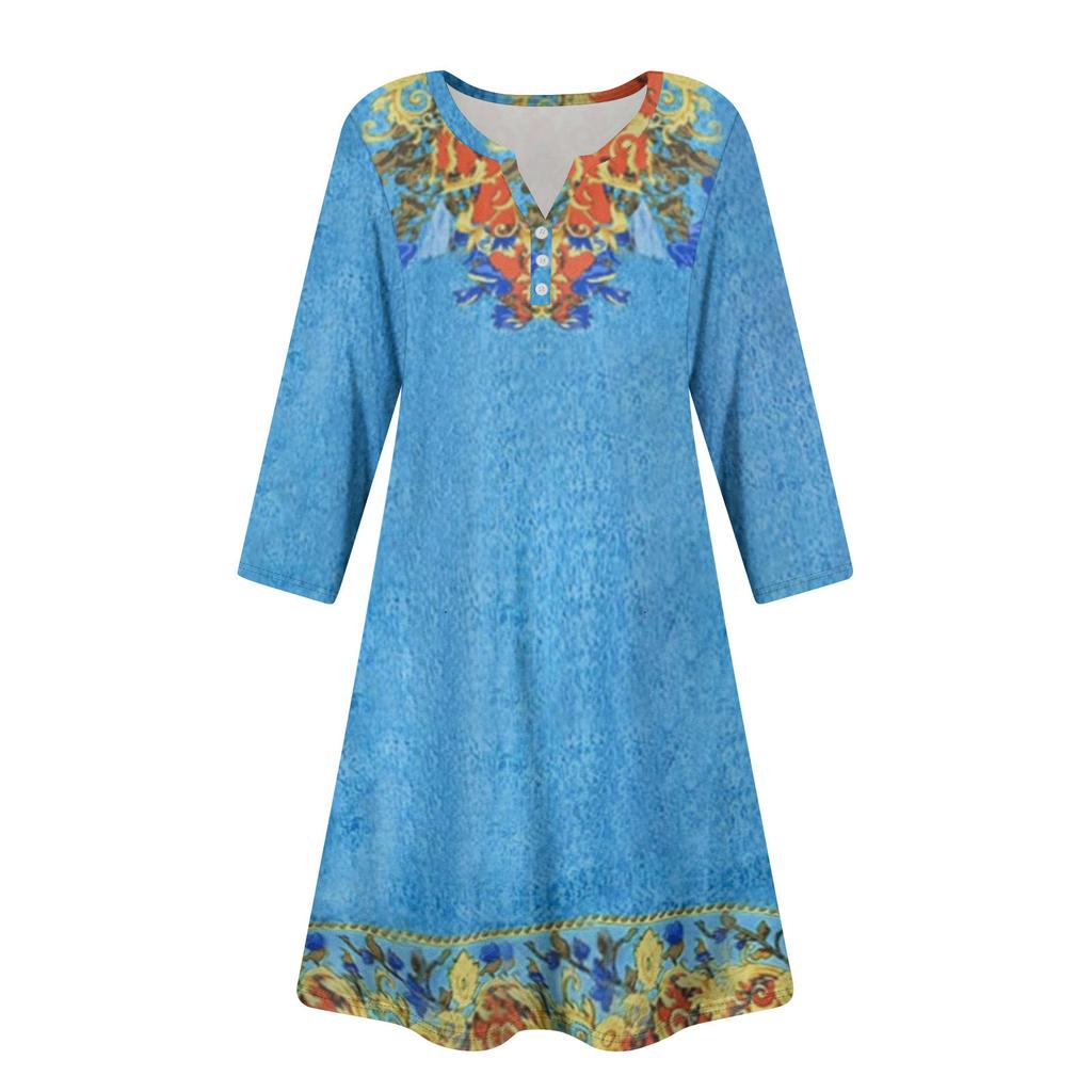 Women's Summer Dress Loose V Neck Three-quarter Sleeve Sundress With Pockets Dress