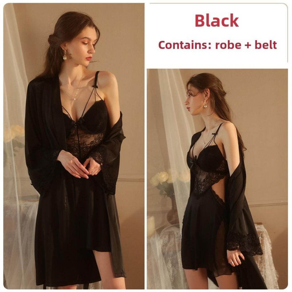 Sexy Lace Perspective Temptation Steel Ring Gathering Plus Chest Pad Large Size Suspender Skirt Women's Loungewear Set