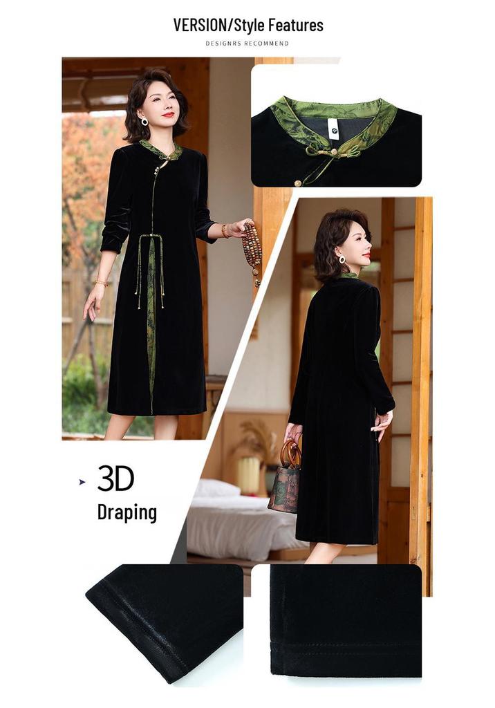 Mother's Wear: New Spring & Autumn 2026 Chinese Style Gold Silk Velvet Qipao Dress for Middle-Aged & Elderly Women