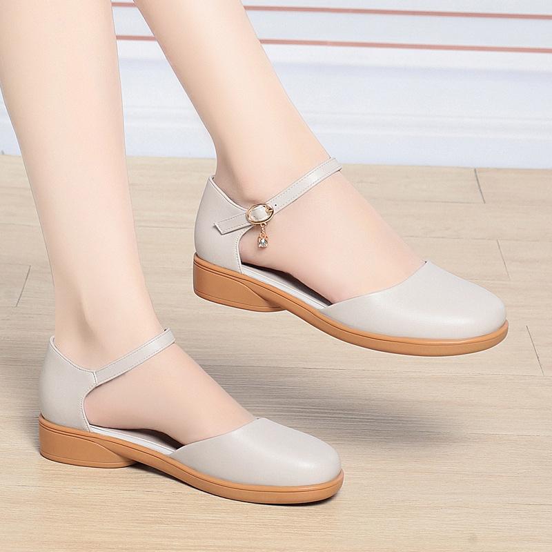 Thick Heel Summer New Fashion Soft Leather Mother Round Hollow Women's Shoes Girl
