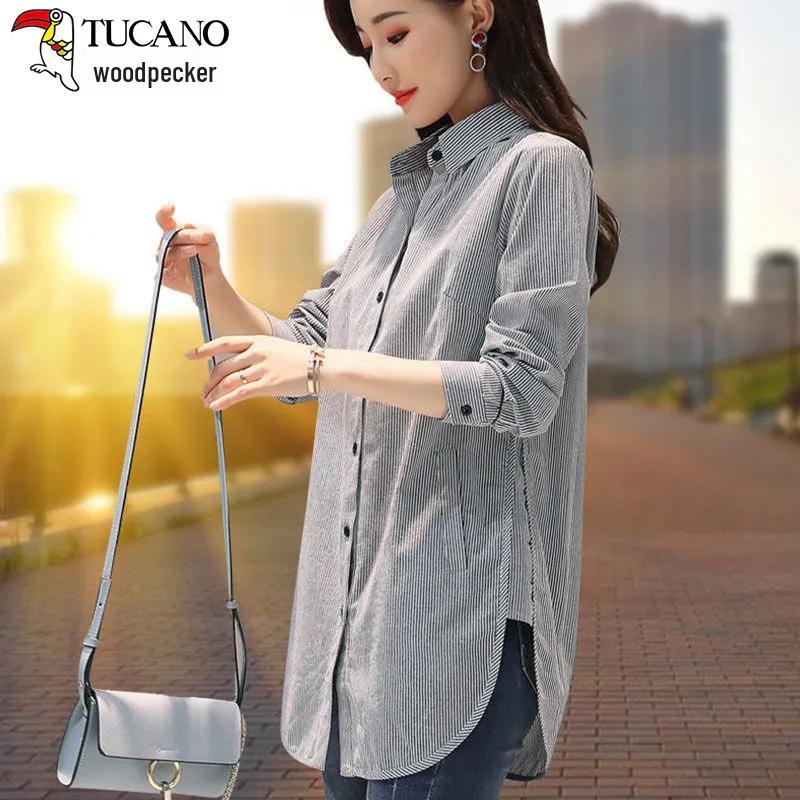 

Woodpecker Women s Striped Mid-Length Shirt for Spring & Autumn 2025 - New Style for Middle-Aged and Elderly Mothers. S 80—90 jin