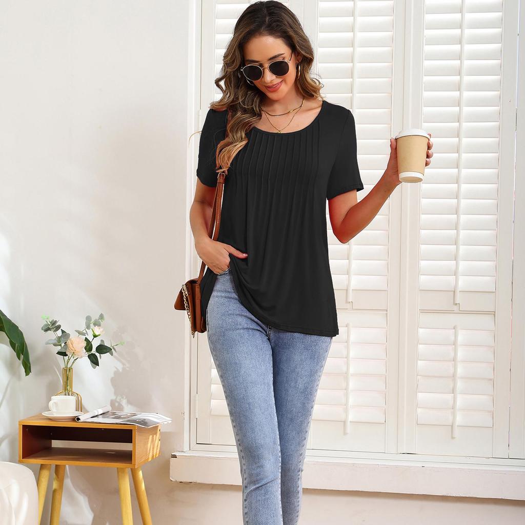 Women’s Shirts Round-neck Short Sleeves Loose Tops Pullover Pleated Stripes T-shirts Solid Color Summer Spring Casual Wear