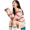 Anta X Cute Town Collaboration Life Series Polo Neck Striped Color Block Loose Long Sleeve T-Shirt Women Tops 162548404-1