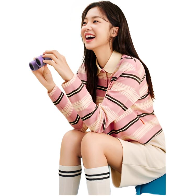 Anta X Cute Town Collaboration Life Series Polo Neck Striped Color Block Loose Long Sleeve T-Shirt Women Tops 162548404-1