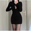 Set Rochie Subțire Căptușită cu Lână Neagră pentru Femei - Sexy, Cu Șolduri Îmbrăcate, Fustă Scurtă pentru Toamnă/Iarnă