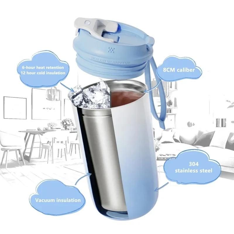 450ml Straw Coffee Cup Stainless Steel Thermos Mug Gradient Leak-Proof Thermos Bottle Portable Travel Vacuum Flask Insulated Cup