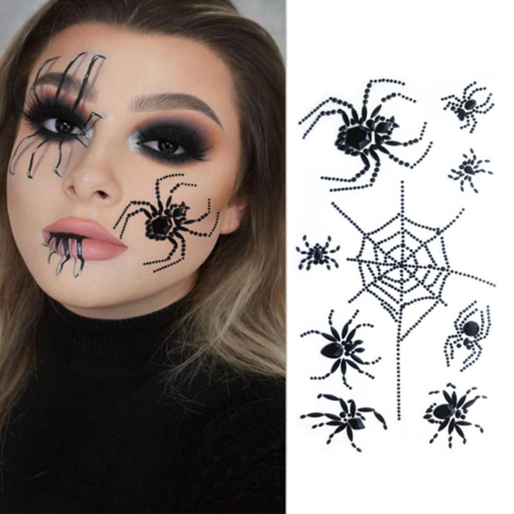 Black Halloween Temporary Tattoos 3D Jewelry Face Sticker Spider Face Gems Tattoos  Day of The Dead