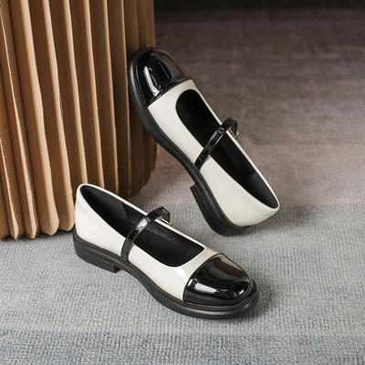Chaussures simples polyvalentes de style petit parfumé pour femmes, chaussures Mary Jane à la mode, en cuir verni brillant à blocage de couleur, talon épais, tête ronde