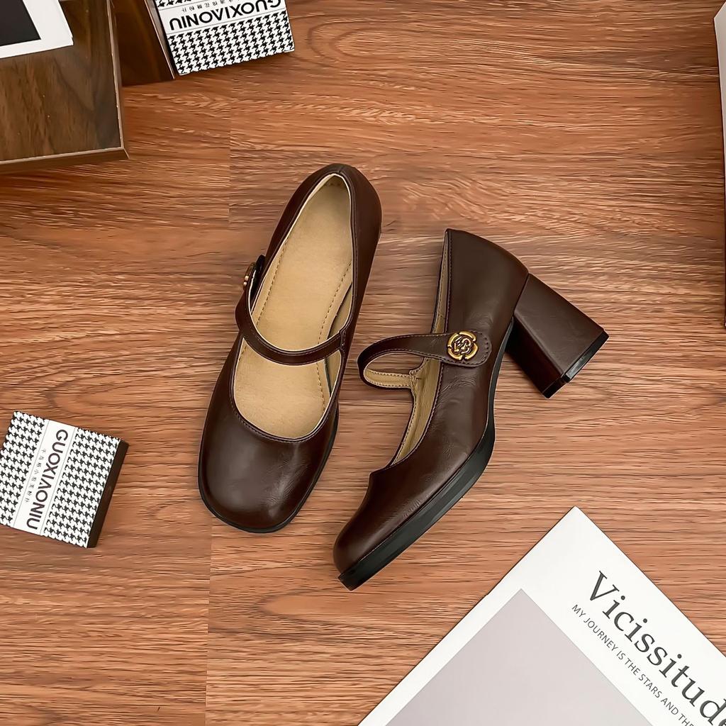 2025 High Heels Women's Thick Heel Premium French Retro Single Shoes Women's Camellia Waterproof Table Comfortable Soft Sole Women's Shoes