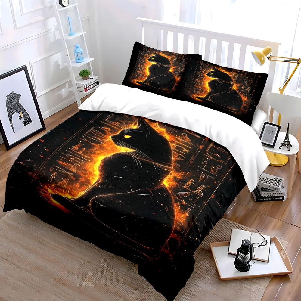 Black cat, fiery hieroglyphs. Bedding sets Duvet cover sets Duvet covers Pillowcases(1 * Duvet Cover 2 * Pillowcases without duvet insert)