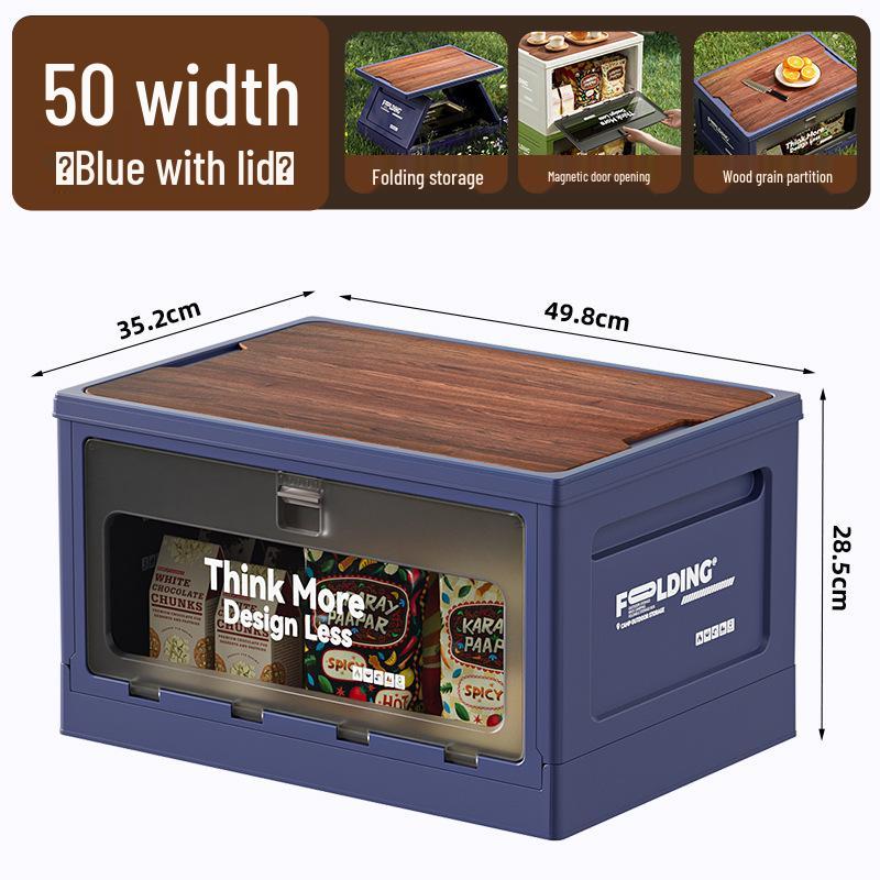 XL Folding Outdoor Storage Box with Wood Lid & Side Opening for Camping & Car Trunk Organization