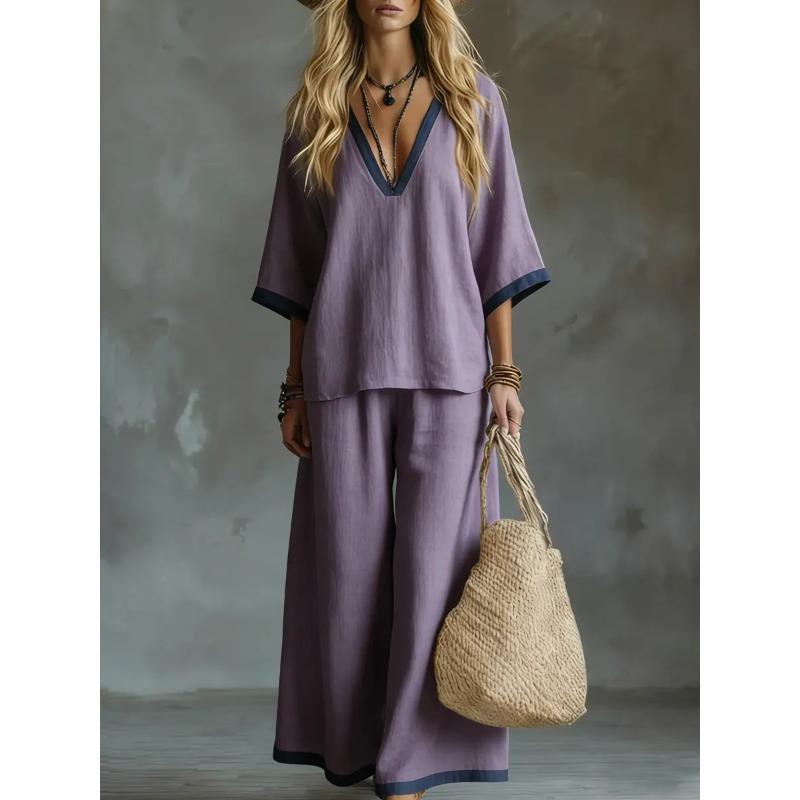 

Summer Women s Fashion Casual Solid-color V-neck Loose Short-sleeved Pants Set 3XL фіолетовий