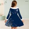 Girls Furry Collar Long Sleeve Dark Blue Snowflake Printed A Line Dress With Big Bow