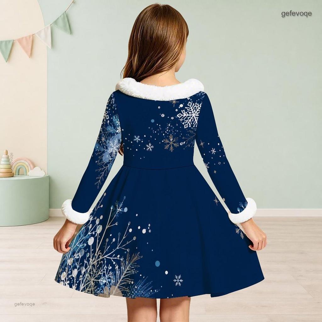 Girls Furry Collar Long Sleeve Dark Blue Snowflake Printed A Line Dress With Big Bow