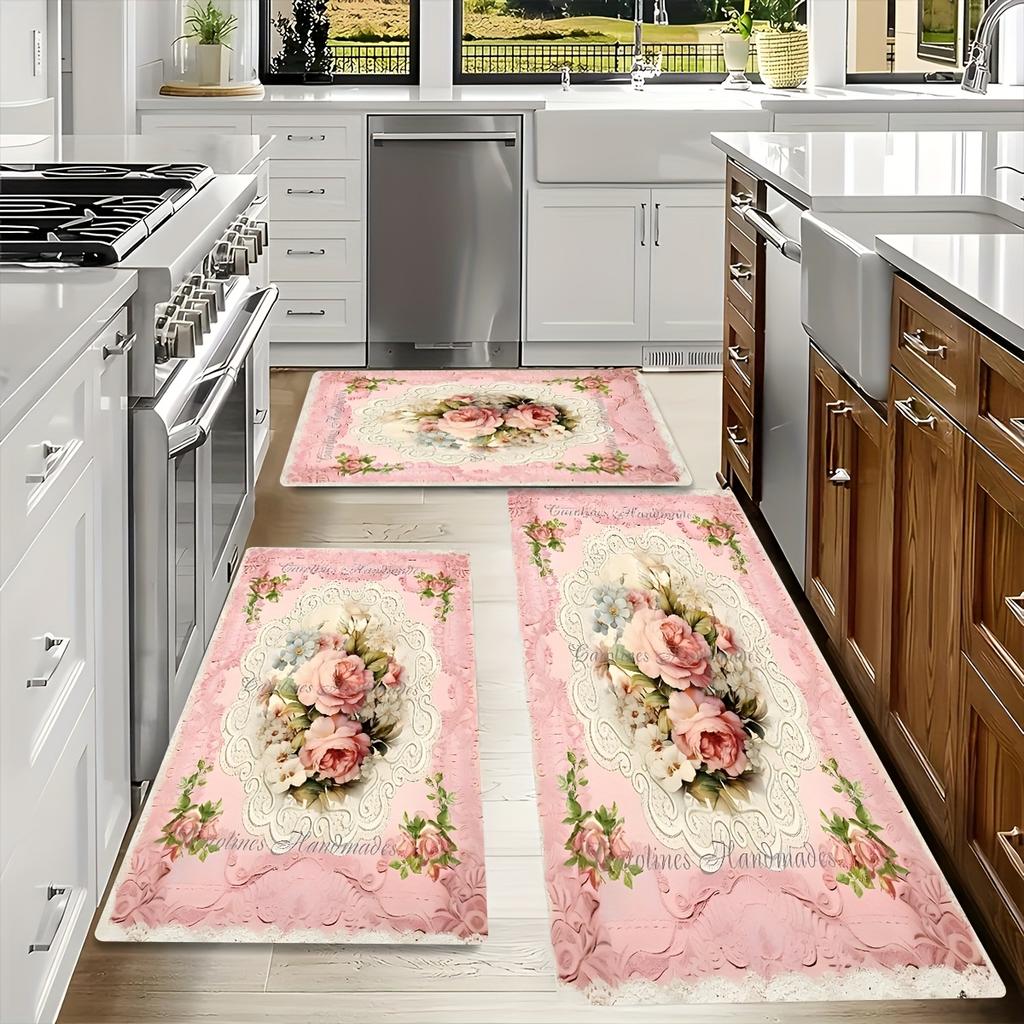 1Pcs Anti Fatigue Kitchen Rugs Pink Floral Print Waterproof Non Slip Thick Cushioned Kitchen Mat Heavy Duty Comfort Standing Mat
