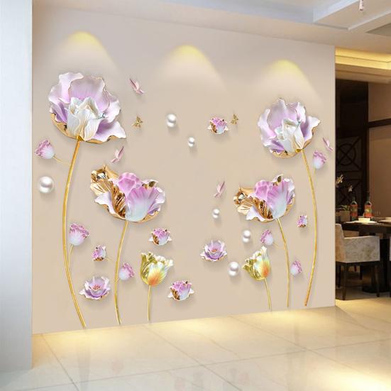3D Květinové Samolepky na Zeď Zlatý Tulipán Květinové Samolepky na Zeď pro Obývací Pokoj Ložnici TV Stěna Pozadí Dekor