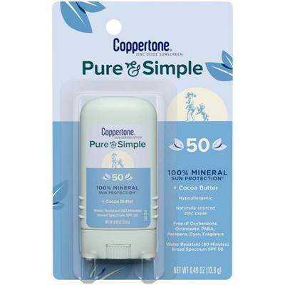 Coopertone Pure and Simple Zinc Oxide Mineral Sunscreen Stick SPF 50 Face Waterproof Broad Spectrum for Sensitive Skin 0.49 Oz
