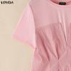VONDA Women O-Neck Short Sleeve Blouse Casual Patchwork Pleated Peplum Tops