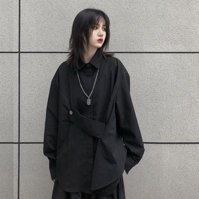 Women's Blouse Asymmetrical Japanese Style Top Streetwear Punk Cool Black Shirt Oversize Long Sleeve Button Up Alt Clothes