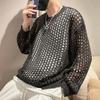 Männer Hohl Top Mesh Fishnet Einfarbig Rundhals Lose Lange Hülse Clubwear Hip Hop Durchsichtige Elastische Pullover Party top