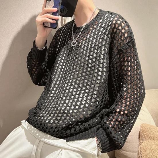 Männer Hohl Top Mesh Fishnet Einfarbig Rundhals Lose Lange Hülse Clubwear Hip Hop Durchsichtige Elastische Pullover Party top