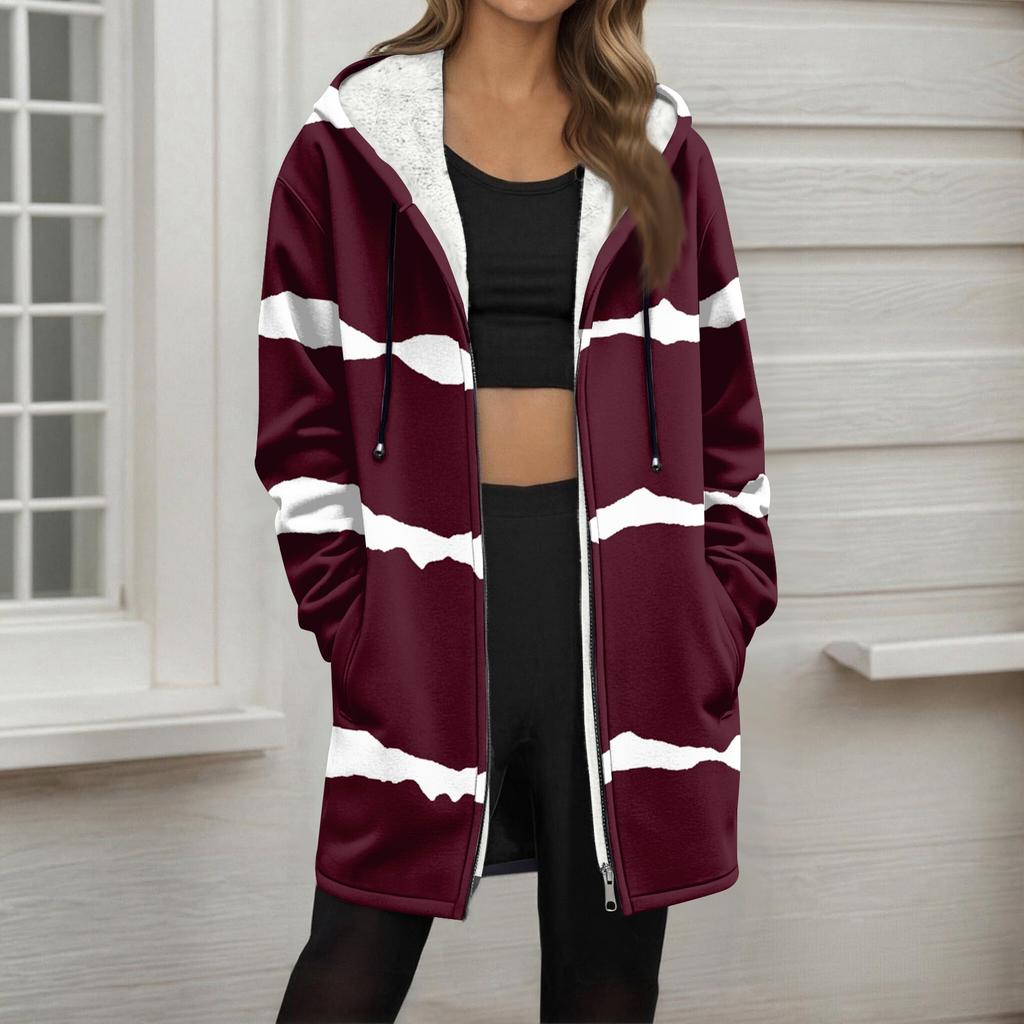 Women's Striped Printed Fashionable Loose Zipper Fleece Hoodie Jacket