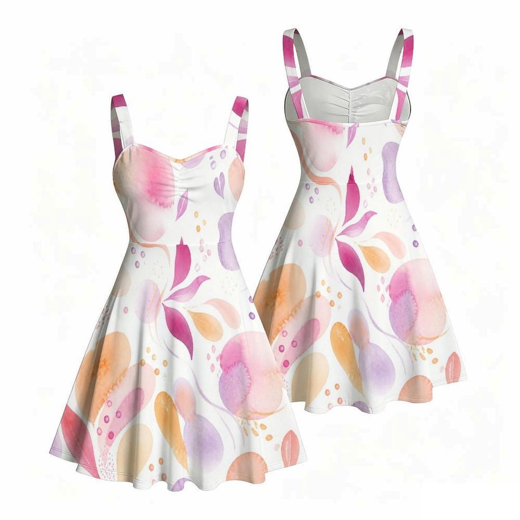 Women Plus Size Sweetheart Neck Strappy Sleeveless Abstract Printed Flared Dress