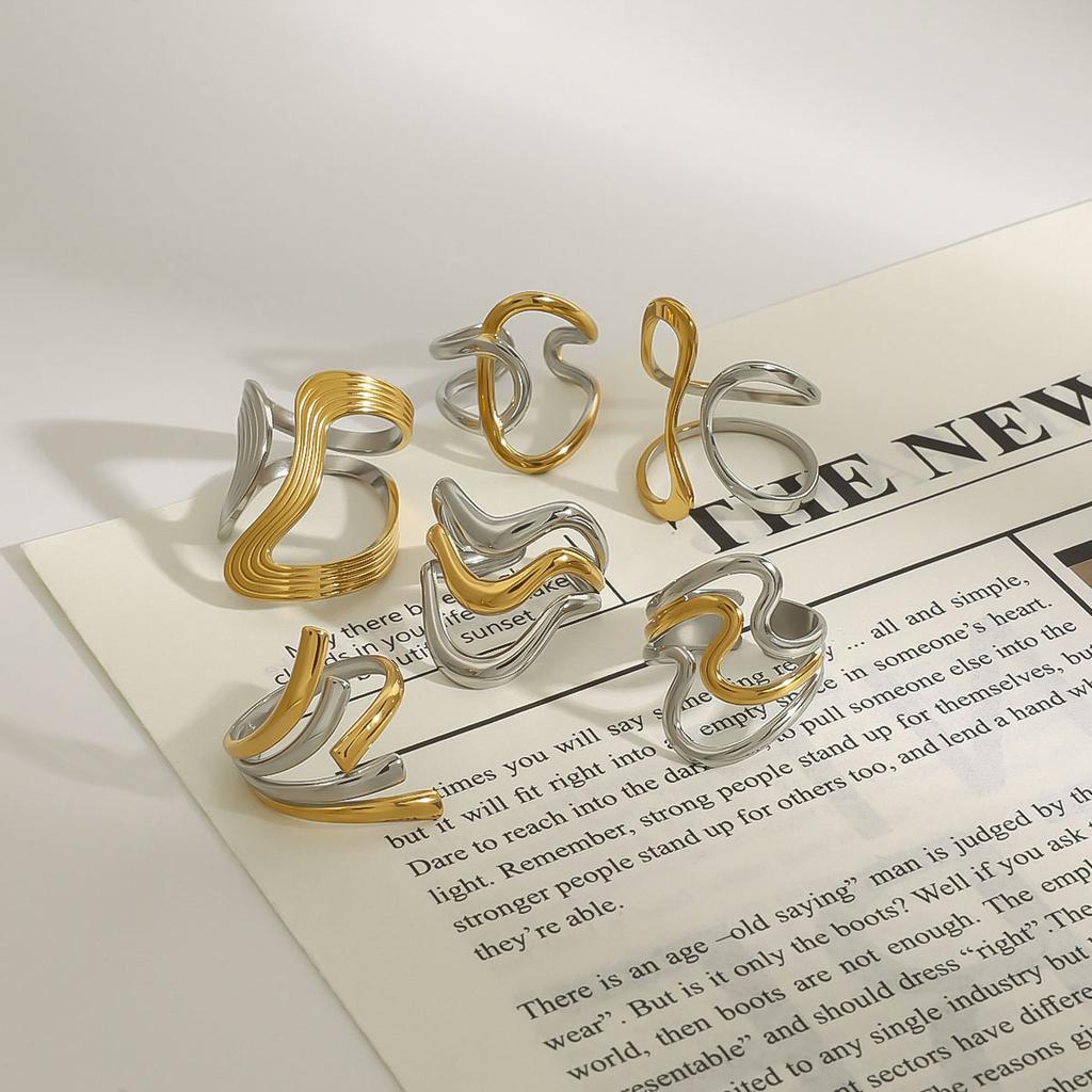 Uworld Minimalist Linear Two tone Ring Stainless Steel Hollow Irregular Stackable Ring Women's Accessories Party Gift
