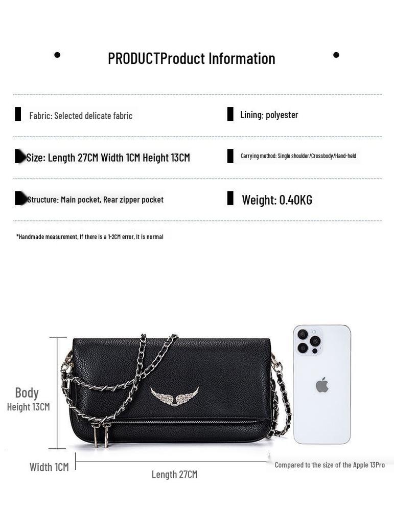 France Gold Classic Zv Genuine Leather Square Bag - European/American Fashion Versatile Wing Shoulder/Crossbody Bag