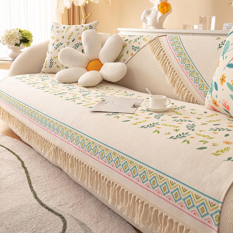 Cotton And Linen Sofa Cushion, Universal Non-Slip Seat Cushion For All Seasons, Old Coarse Cloth, Ethnic Style Fringed Sofa Cover Cover Cloth