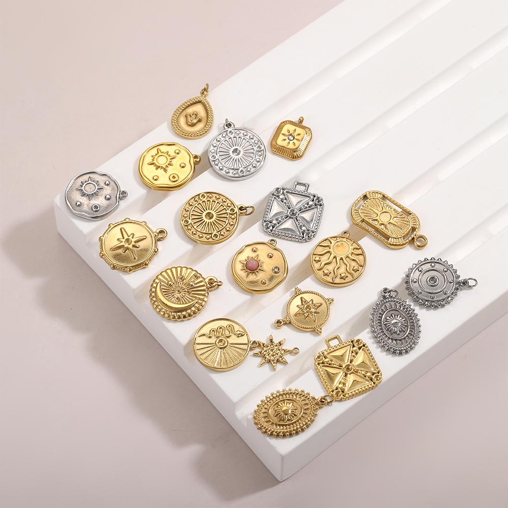 CARLIDANA Retro Geometric Jewelry Pendant Charms Stainless Steel Gold Plated Embossed Coin Moon Sun Jewelry Accessories Earrings