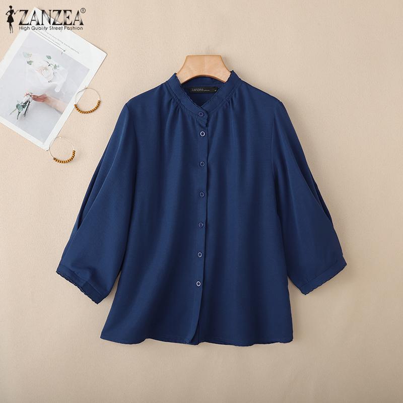 ZANZEA Women Casual Round Neck Solid Color Loose 3/4 Sleeve Blouse