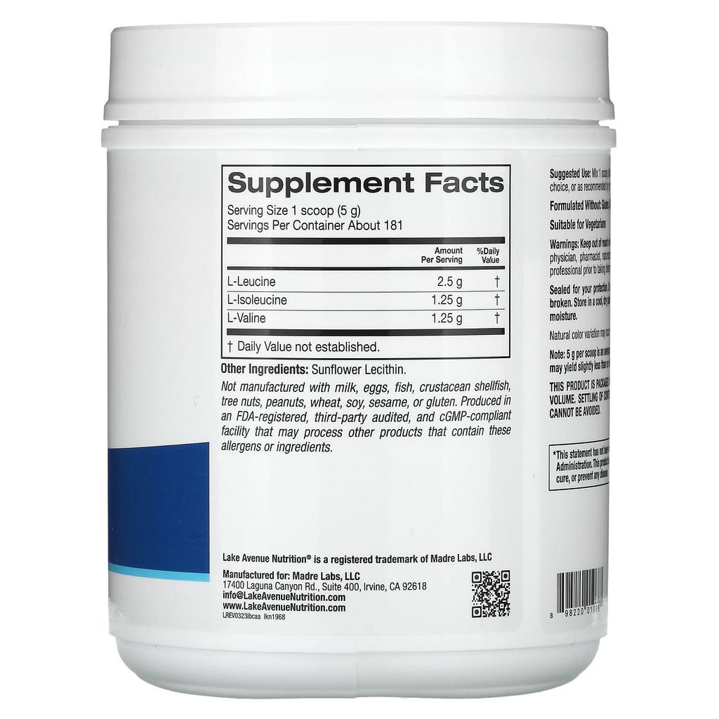 Instant Bcaa Powder with L-Leucine, L-Isoleucine, L-Valine, Unflavored, 907G (32Oz)