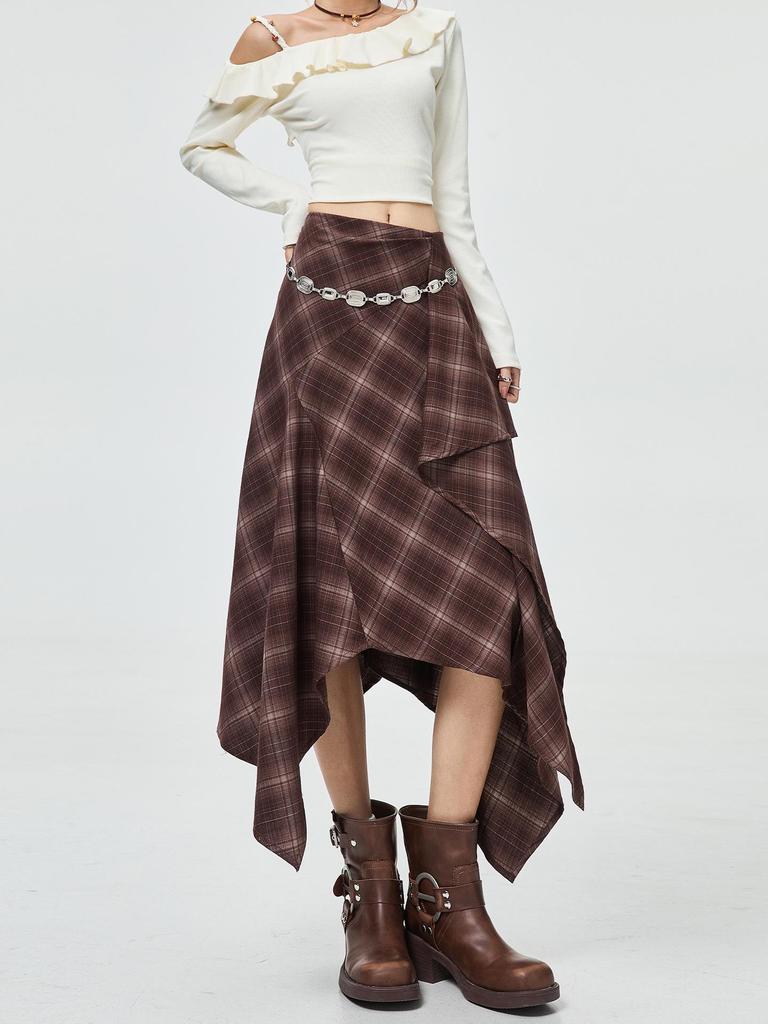 Women's Retro Plaid Woolen Skirt - Irregular Slimming Design for Autumn/Winter