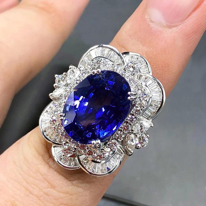 Huitan Aesthetic Women Ring Inlaid Bright Blue Cubic Zirconia Elegant Finger Accessories  Jewelry for Wedding Engagement