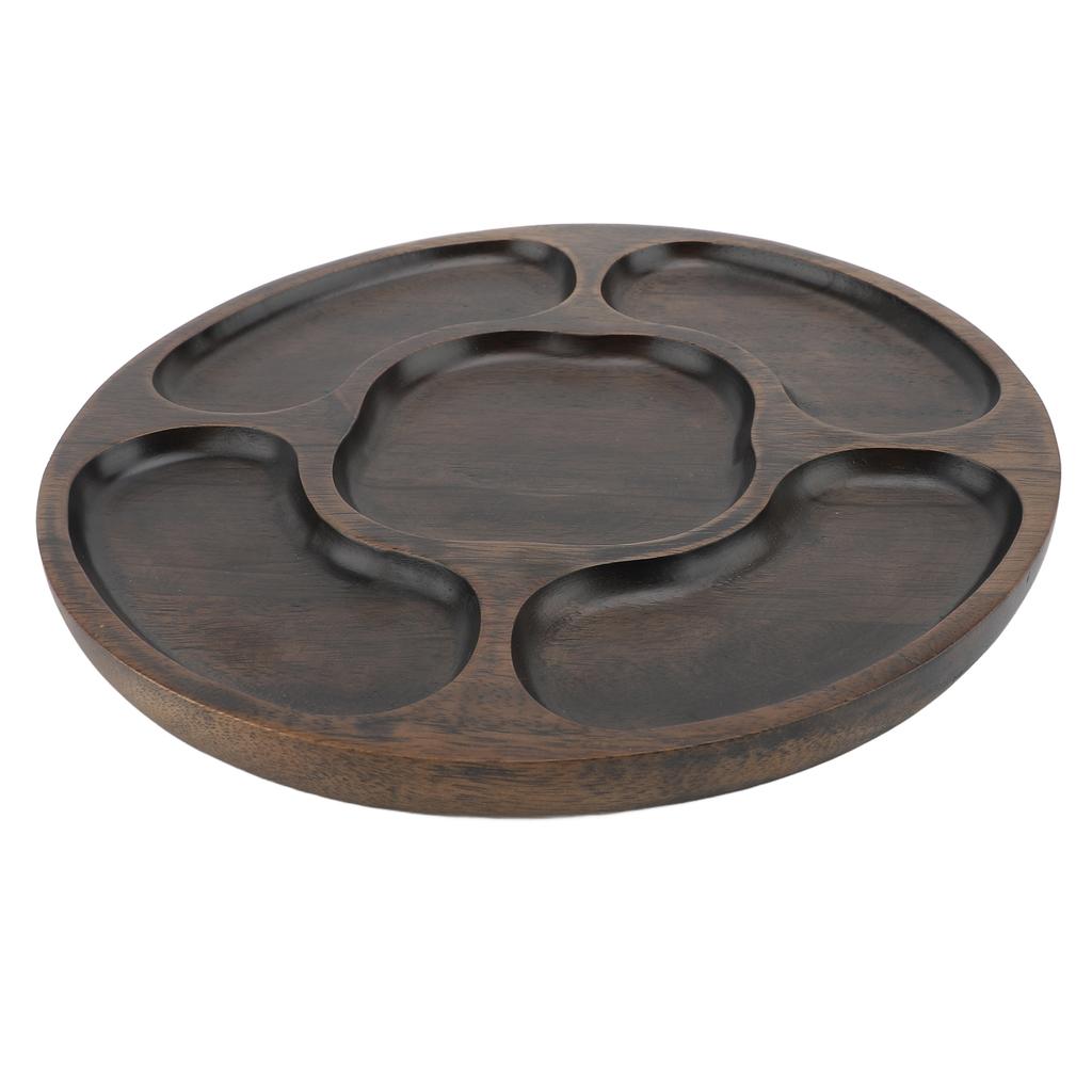 Divided Serving Tray Wood Round Snack Platter Chip and Dip Tray with 5 Compartments for Candy