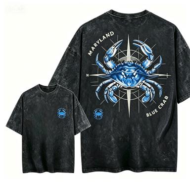 2026 new Vintage Washed Black Tshirt Blue Crab Print Casual Short Sleeve Tee 2XL